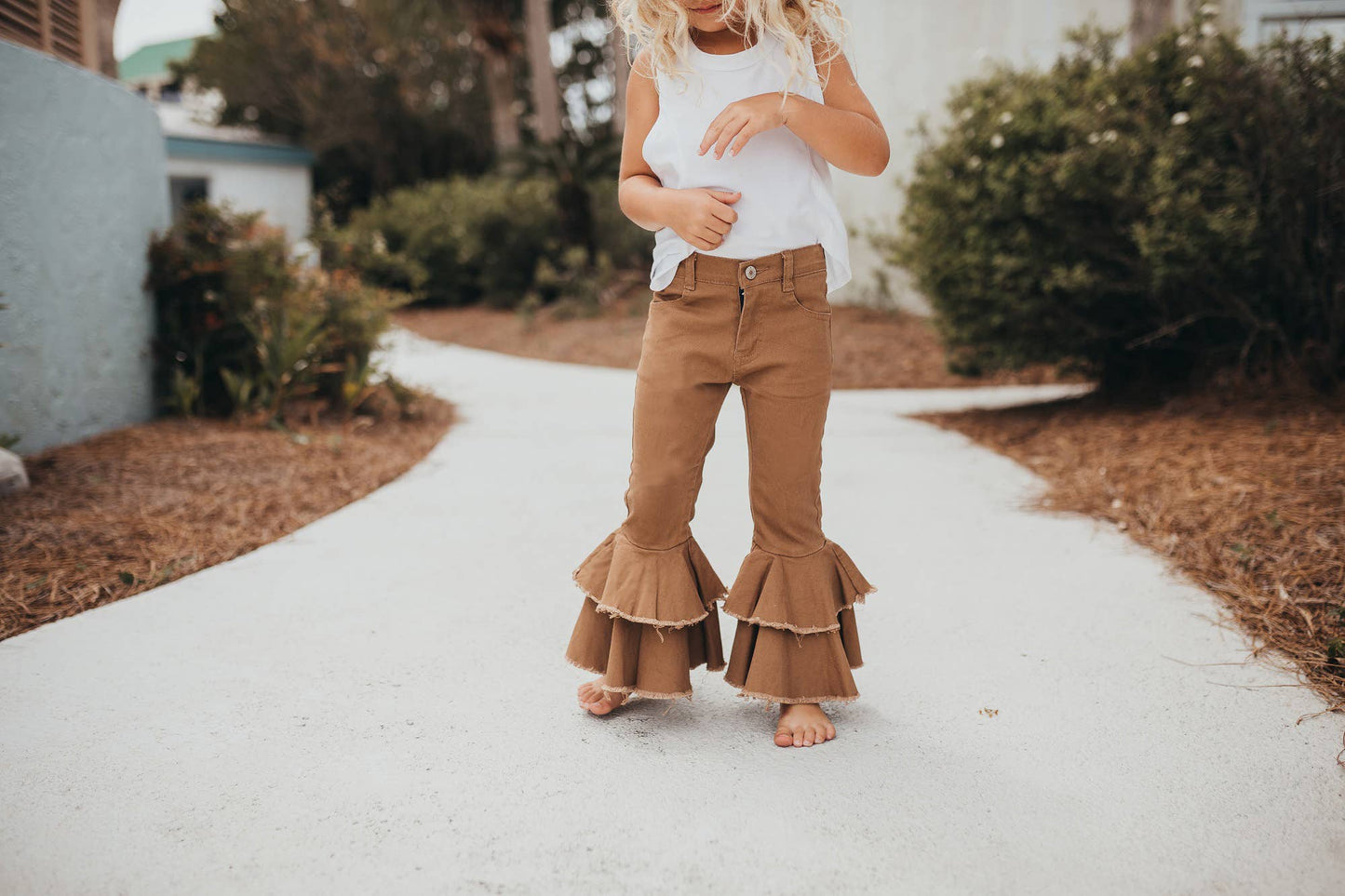 Kids Khaki Denim Double Ruffle Pant Jeans