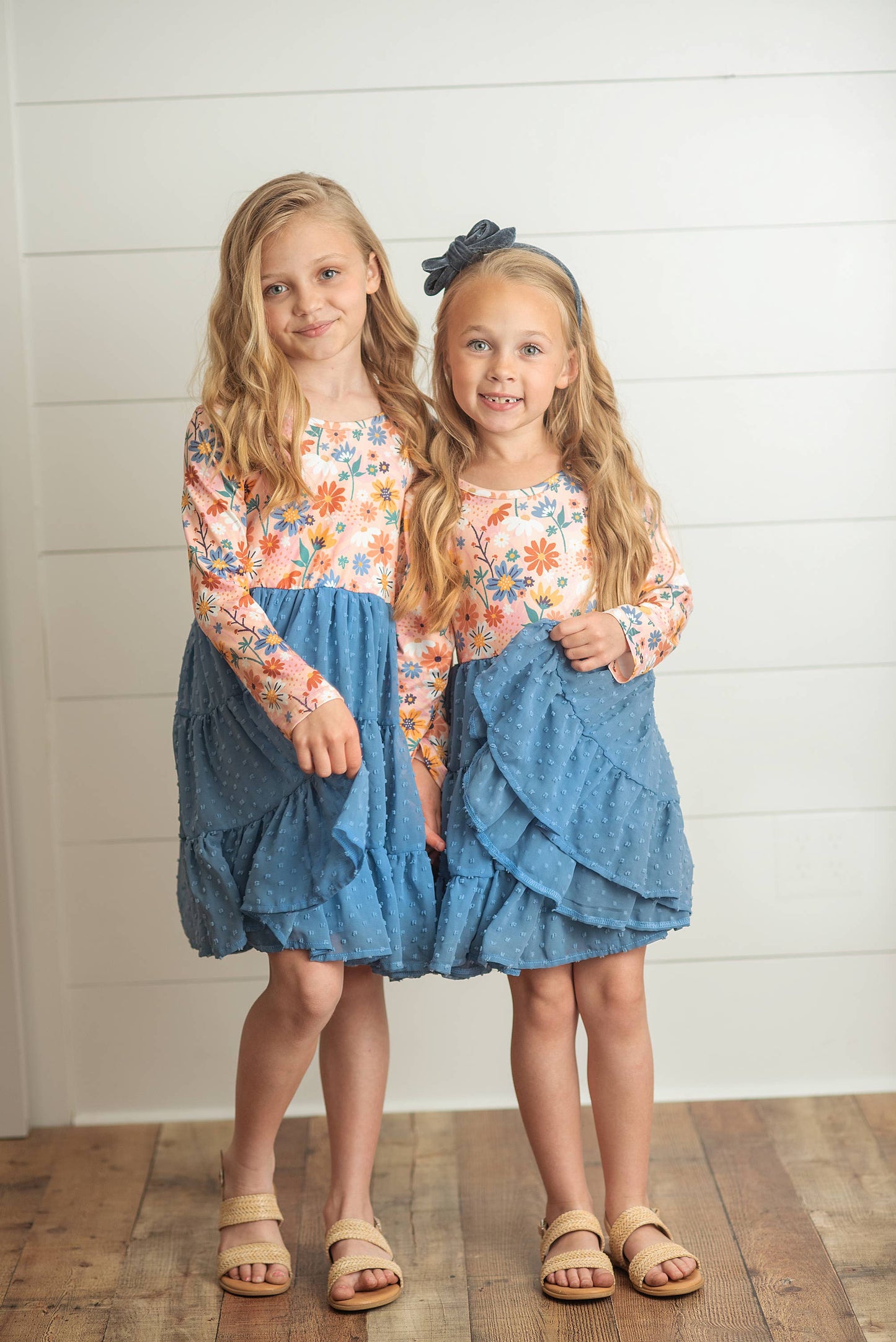 Kids Dusty Blue Flower Print Swiss Dot Tulle Fall Dress