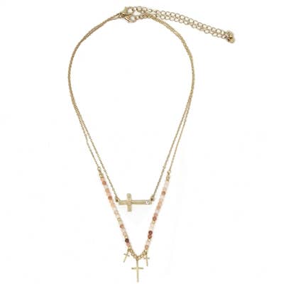 Gold Cross and Pink Stone with Cross Charms Necklace
