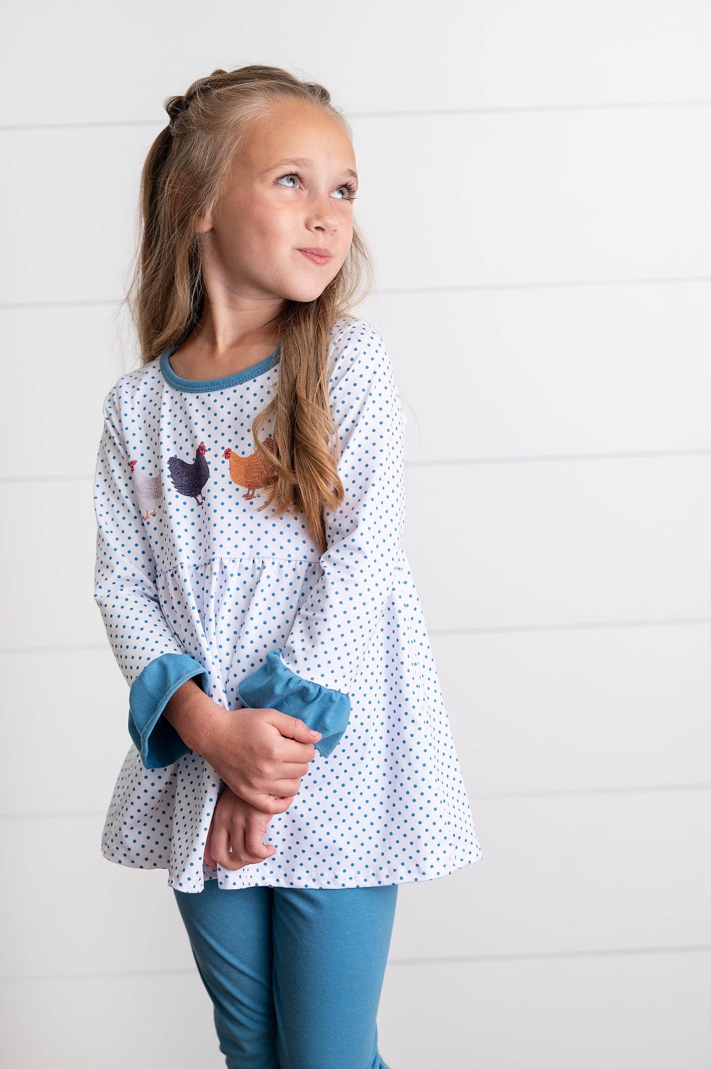Girls Blue Polka Dot & Chicken Fall Winter Pant Set