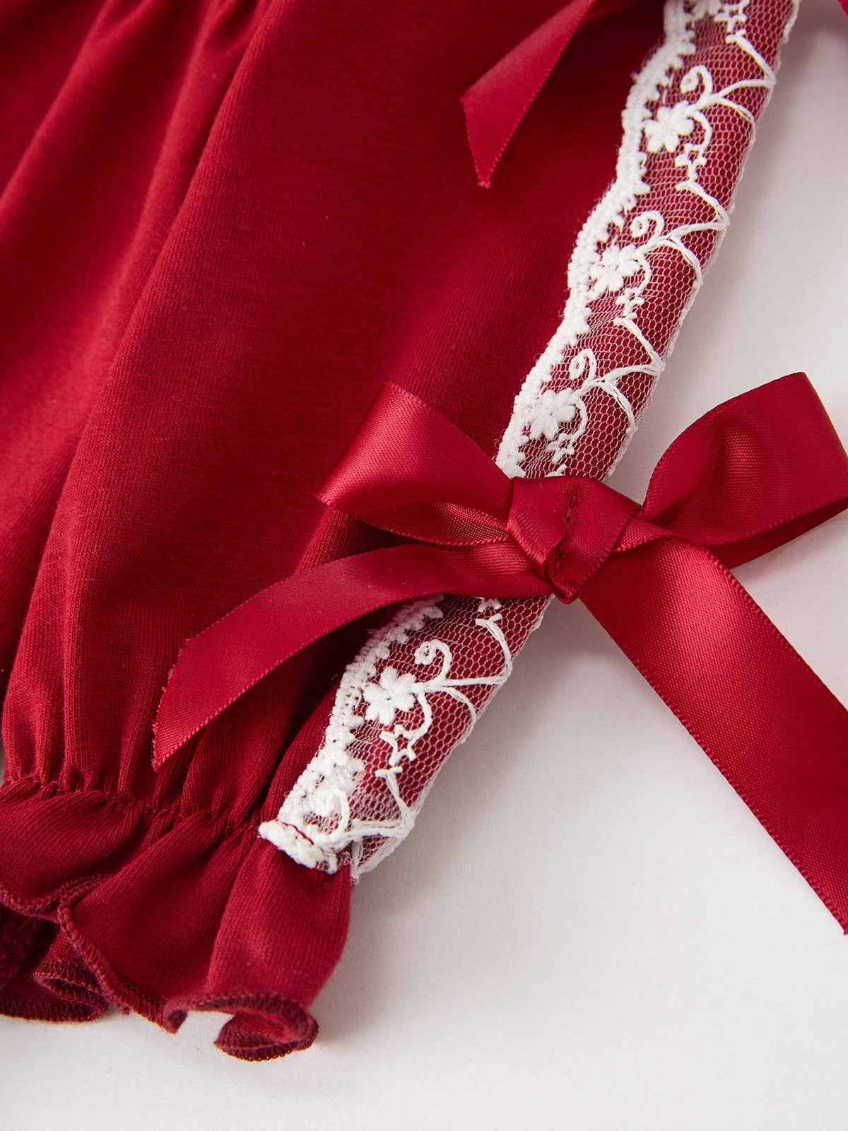 Christmas Baby Girls Red Lace Bow Bloomer Set
