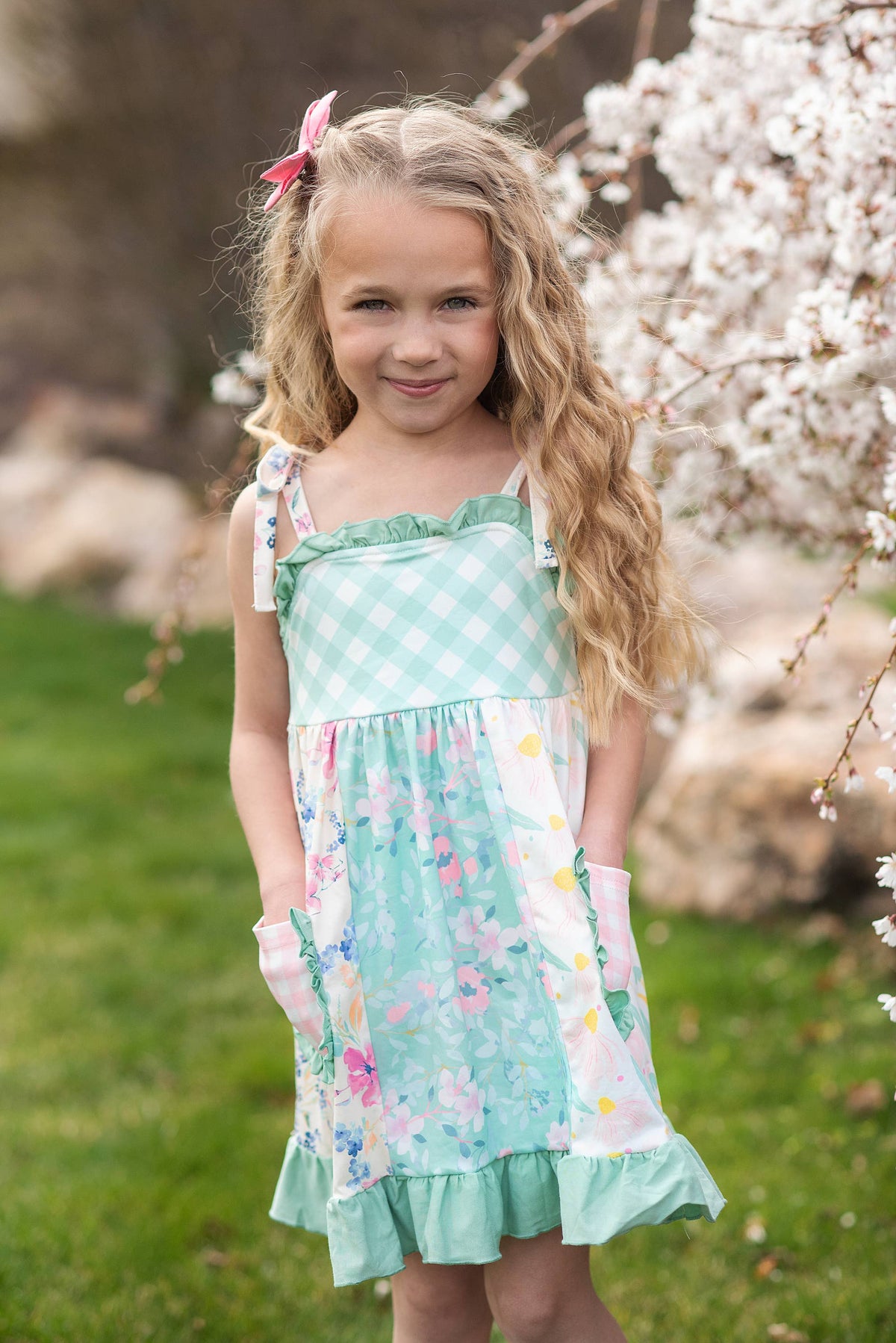 Girls Mint Gingham Ruffle Pocket Spring Easter Summer Dress