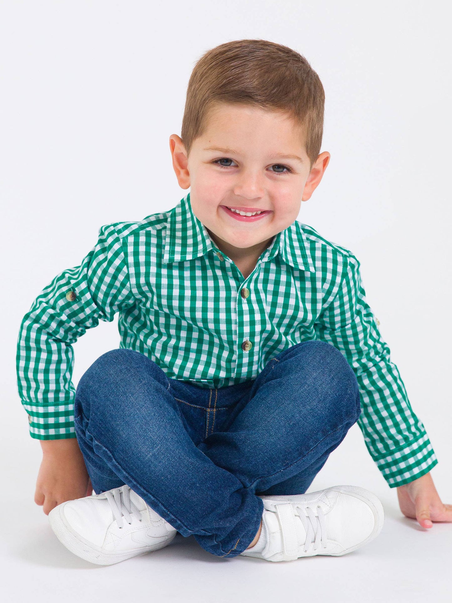 Boys Classic Emerald Green Gingham Long Sleeve Button Down Shirt