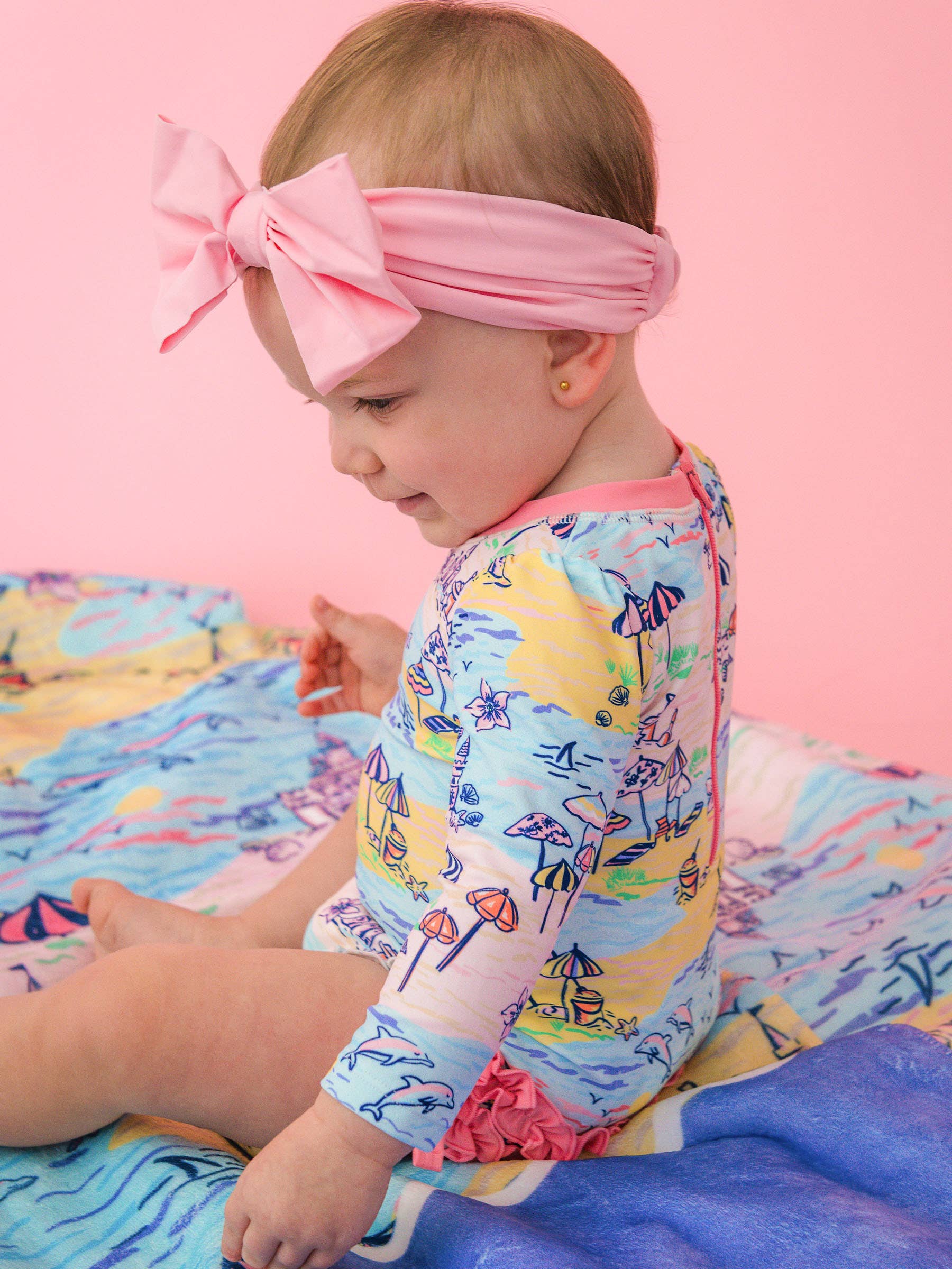 Baby Girls Beach Day Long Sleeve One Piece Rash Guard Swimsuit with Signature Rear Ruffles
