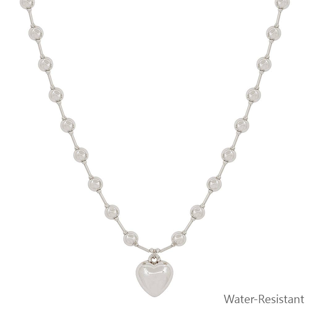 Water Resistant 6MM Silver Beaded Chain with Puffy Heart 16"-18" Necklace