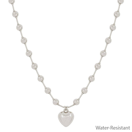 Water Resistant 6MM Silver Beaded Chain with Puffy Heart 16"-18" Necklace