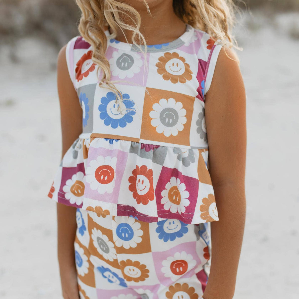 Kids Retro Daisy Checkered Spring Summer Bell Bottom Set