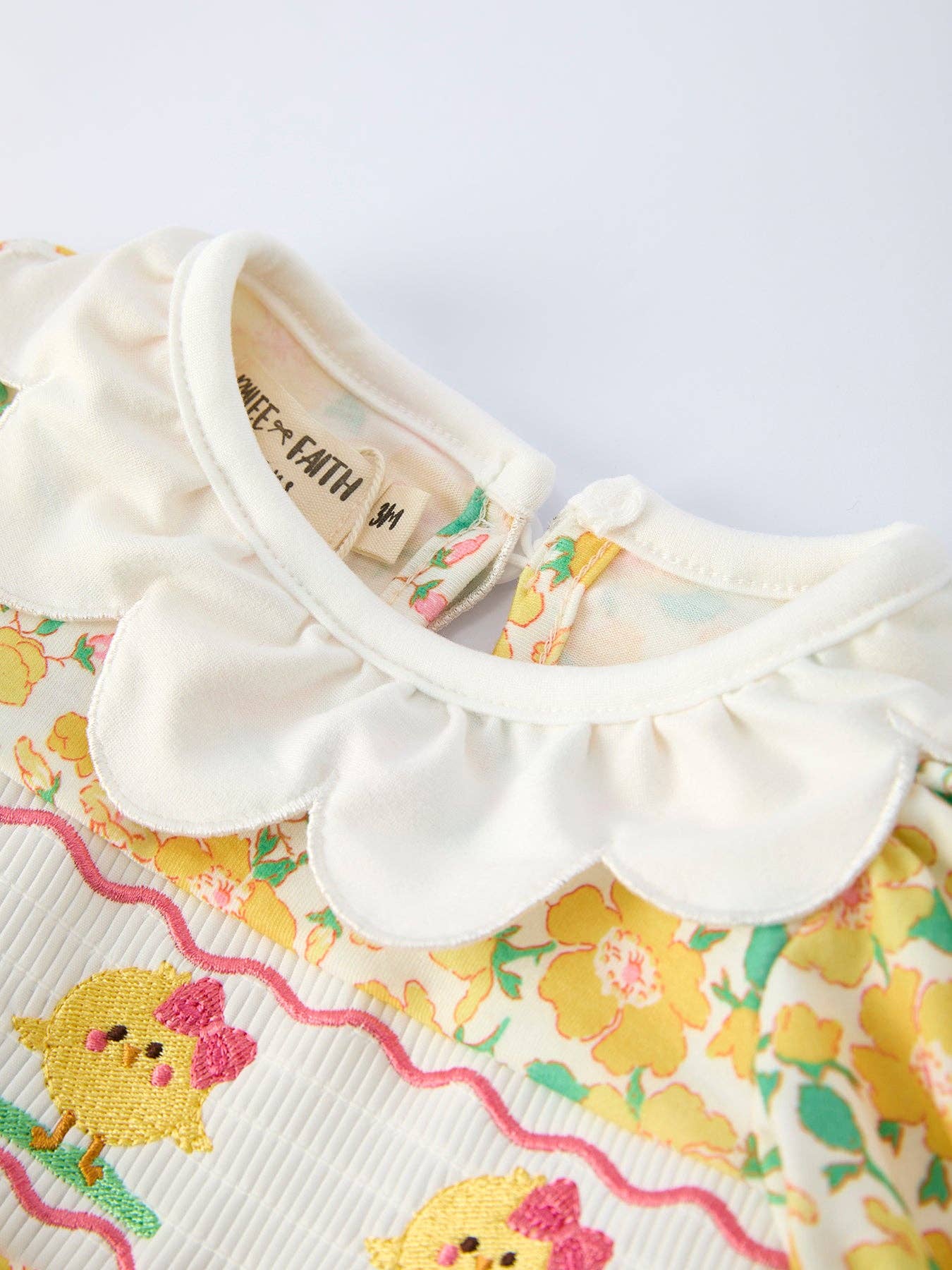 Easter Yellow Chick Embroidery Floral Baby Girl Romper